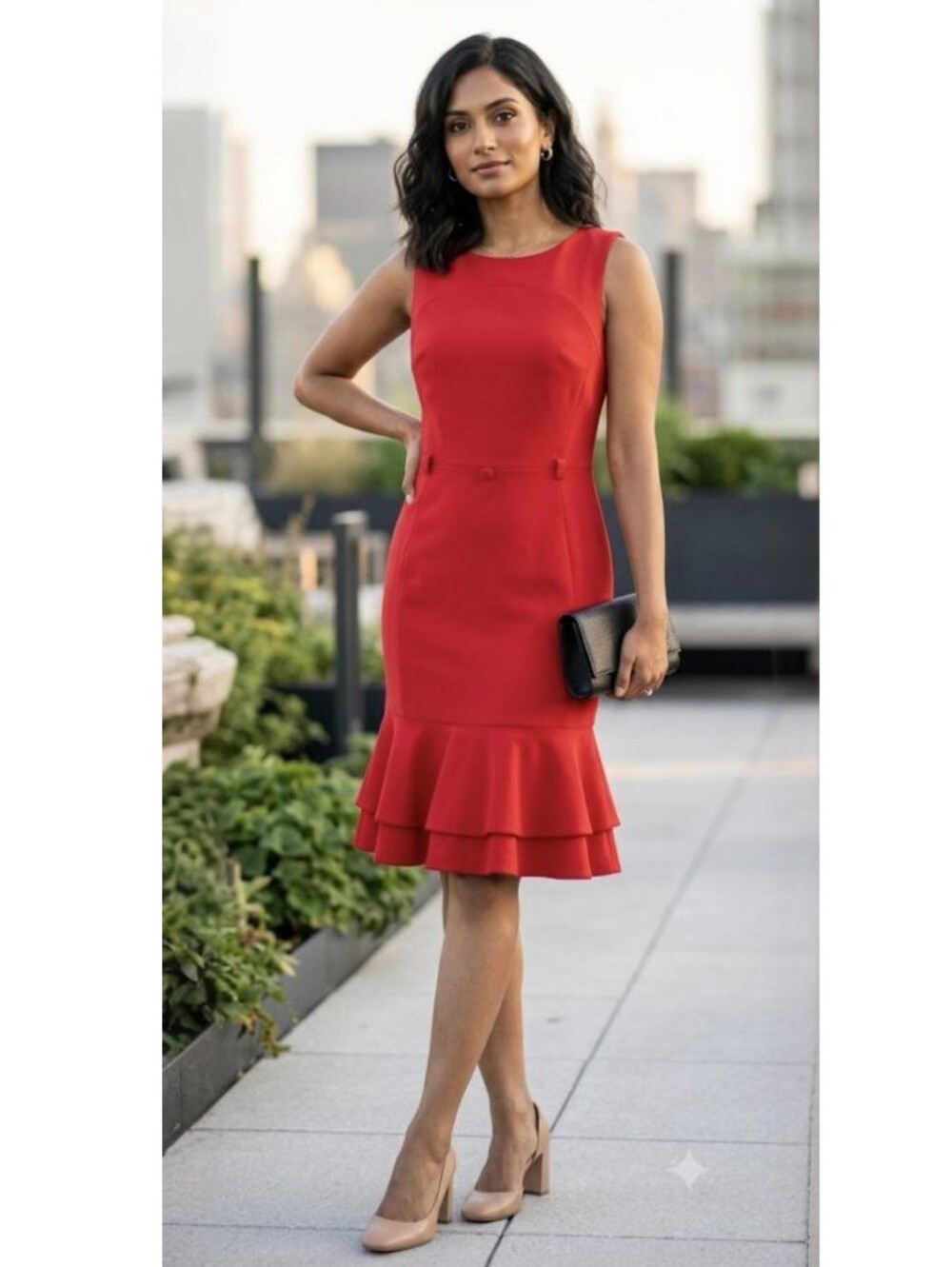 Calvin Klein Bold Red  Midi Dress with Ruffle Hem NWT But Out Belk.  (SKU 0064)